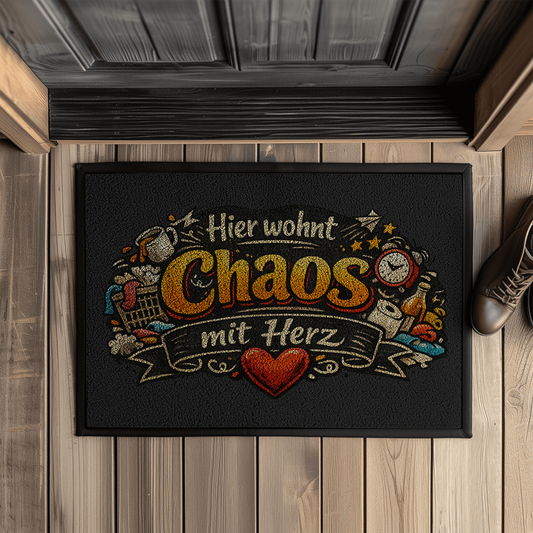 Fußmatte mit Gummirand – „Hier wohnt Chaos mit Herz“ | Lustige Haustürmatte