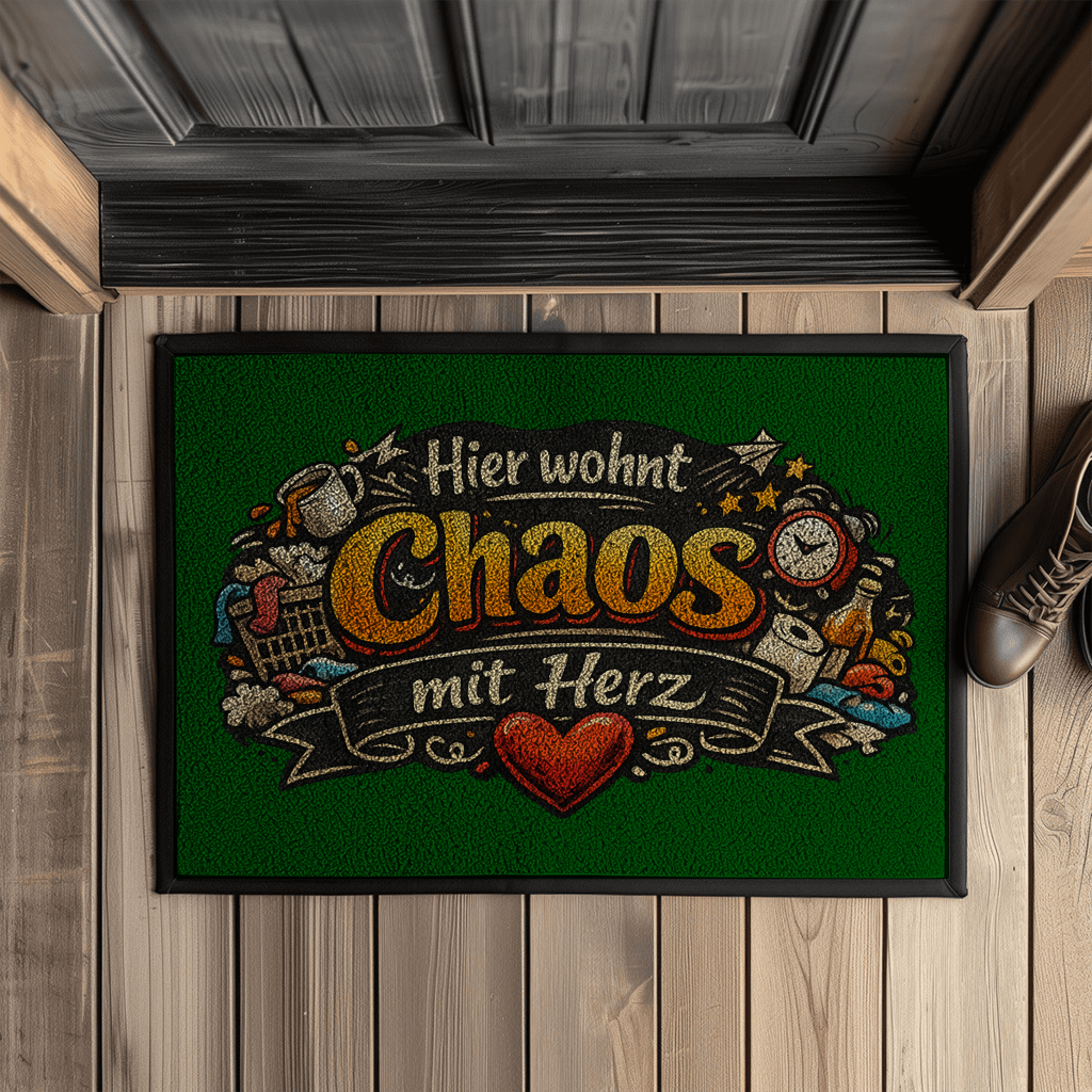 Fußmatte mit Gummirand – „Hier wohnt Chaos mit Herz“ | Lustige Haustürmatte