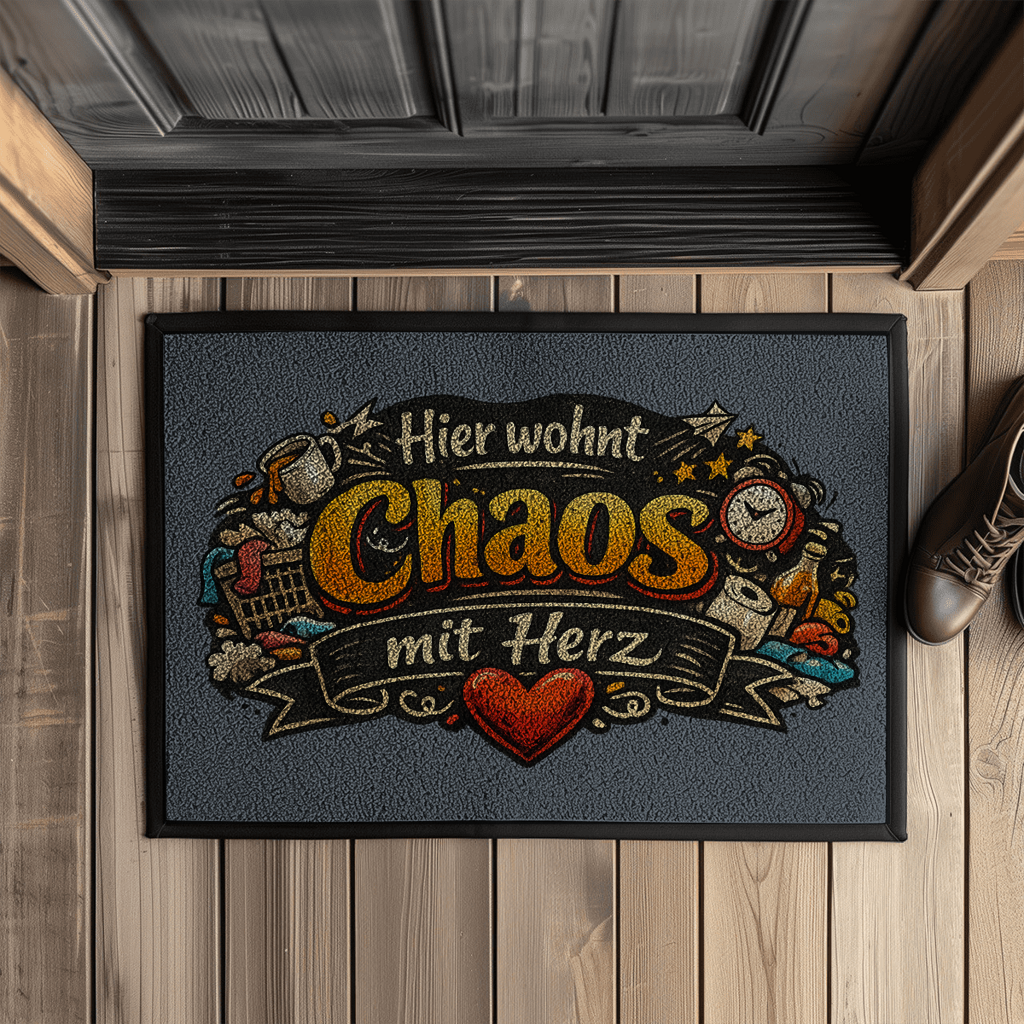 Fußmatte mit Gummirand – „Hier wohnt Chaos mit Herz“ | Lustige Haustürmatte