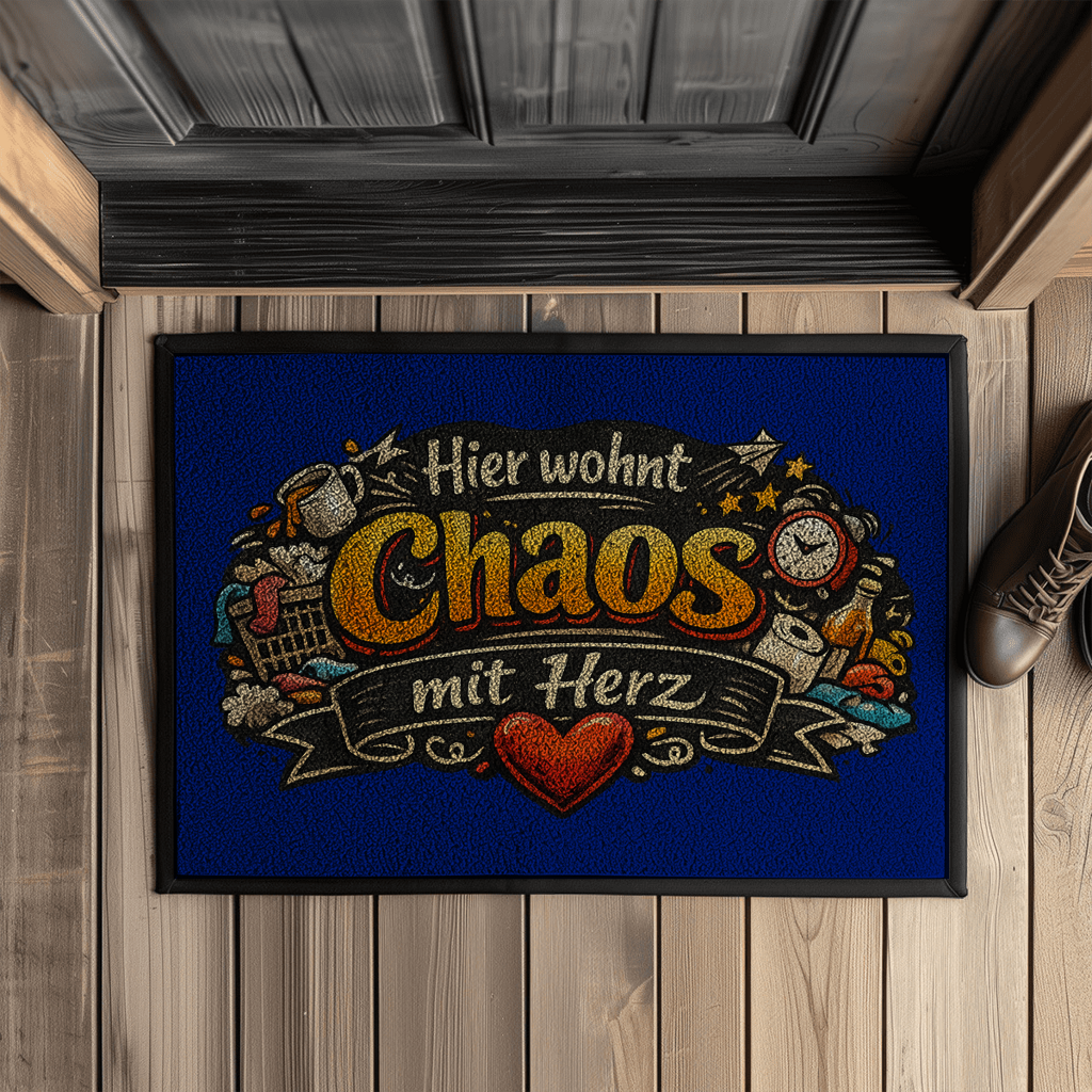 Fußmatte mit Gummirand – „Hier wohnt Chaos mit Herz“ | Lustige Haustürmatte