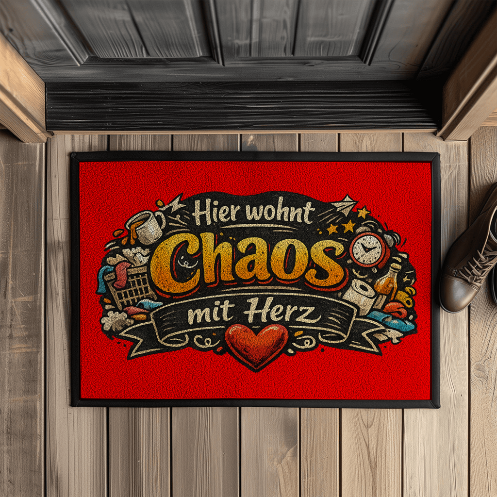 Fußmatte mit Gummirand – „Hier wohnt Chaos mit Herz“ | Lustige Haustürmatte
