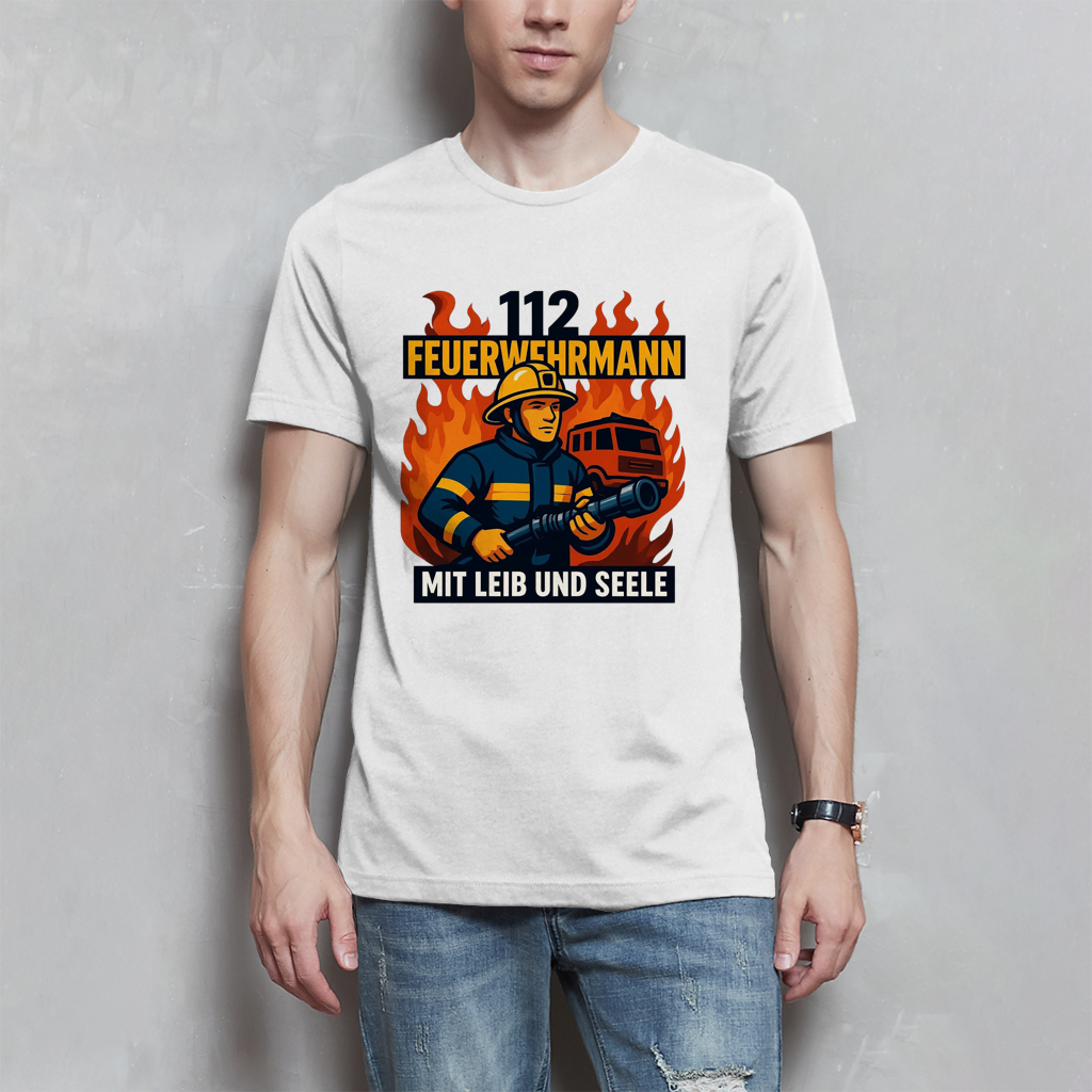 Herren T-Shirt Feuerwehrmann 112 – Mit Leib und Seele | Feuerwehr Shirt Männer