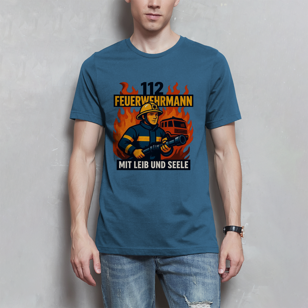 Herren T-Shirt Feuerwehrmann 112 – Mit Leib und Seele | Feuerwehr Shirt Männer