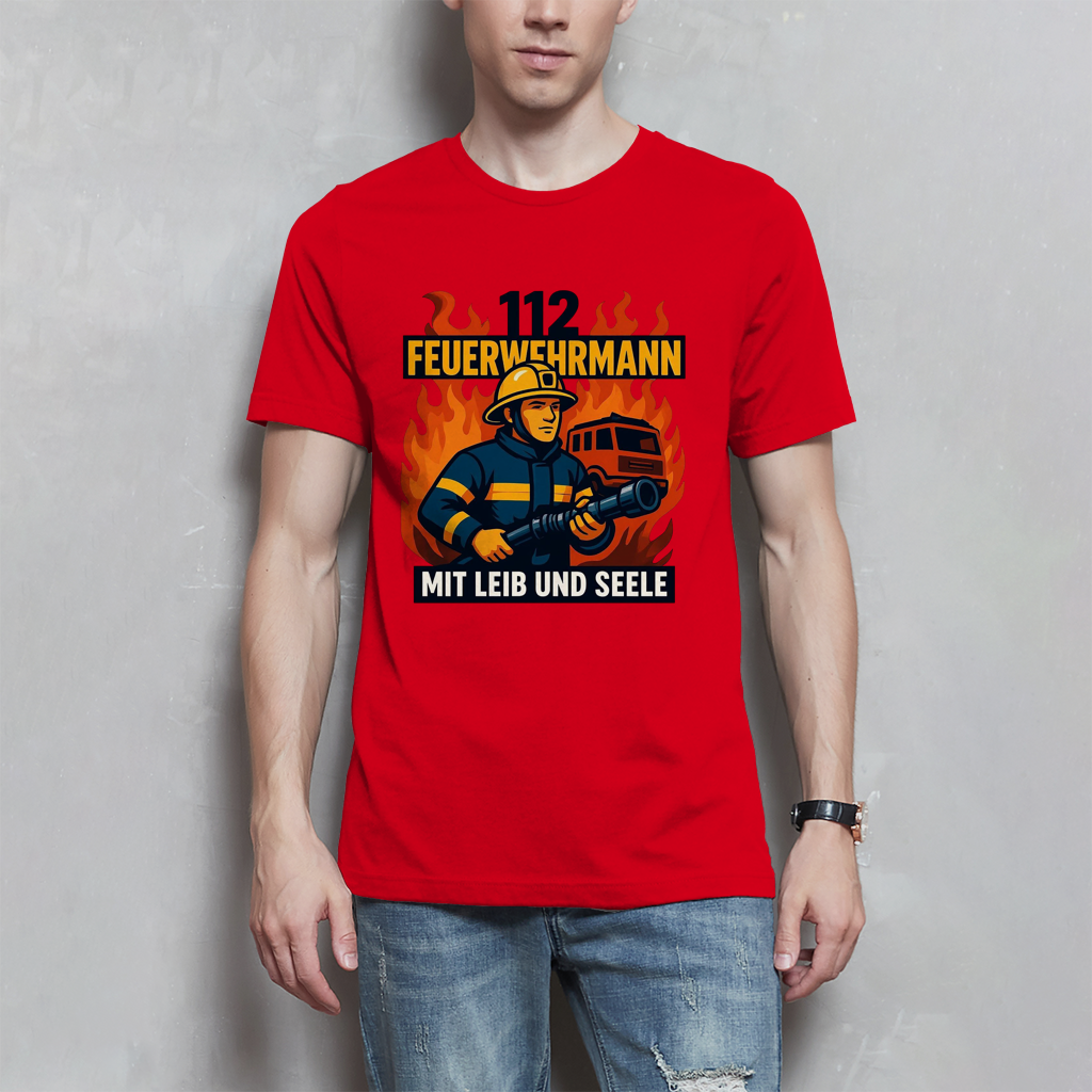 Herren T-Shirt Feuerwehrmann 112 – Mit Leib und Seele | Feuerwehr Shirt Männer