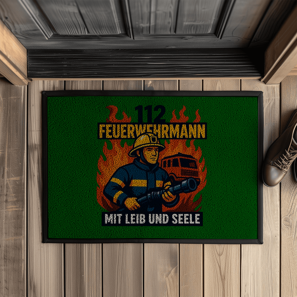 Fußmatte Feuerwehrmann 112 – Mit Leib und Seele | Fußabtreter mit Gummirand