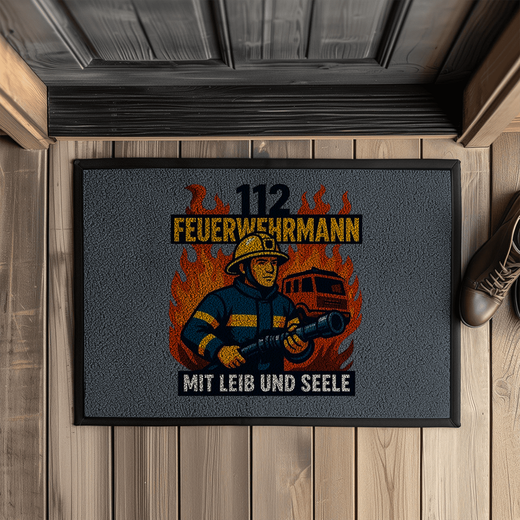 Fußmatte Feuerwehrmann 112 – Mit Leib und Seele | Fußabtreter mit Gummirand