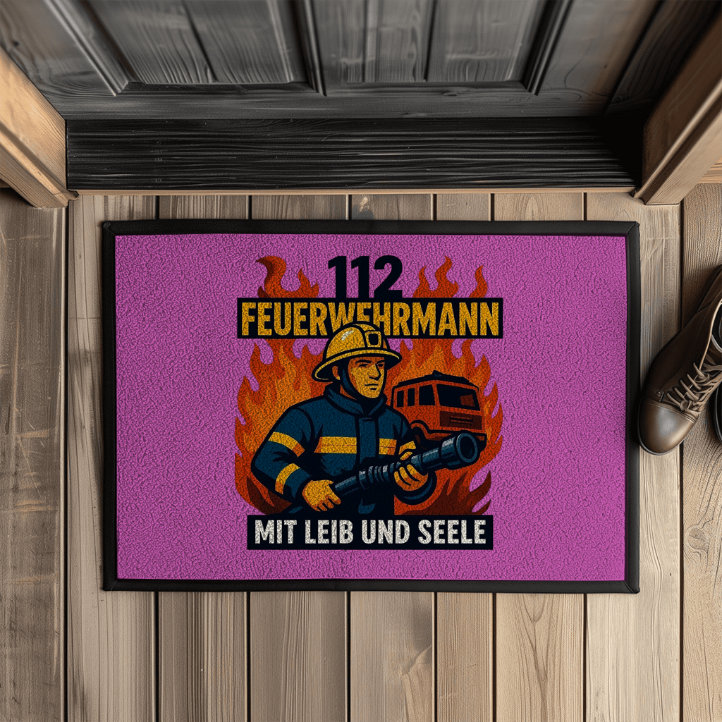Fußmatte Feuerwehrmann 112 – Mit Leib und Seele | Fußabtreter mit Gummirand