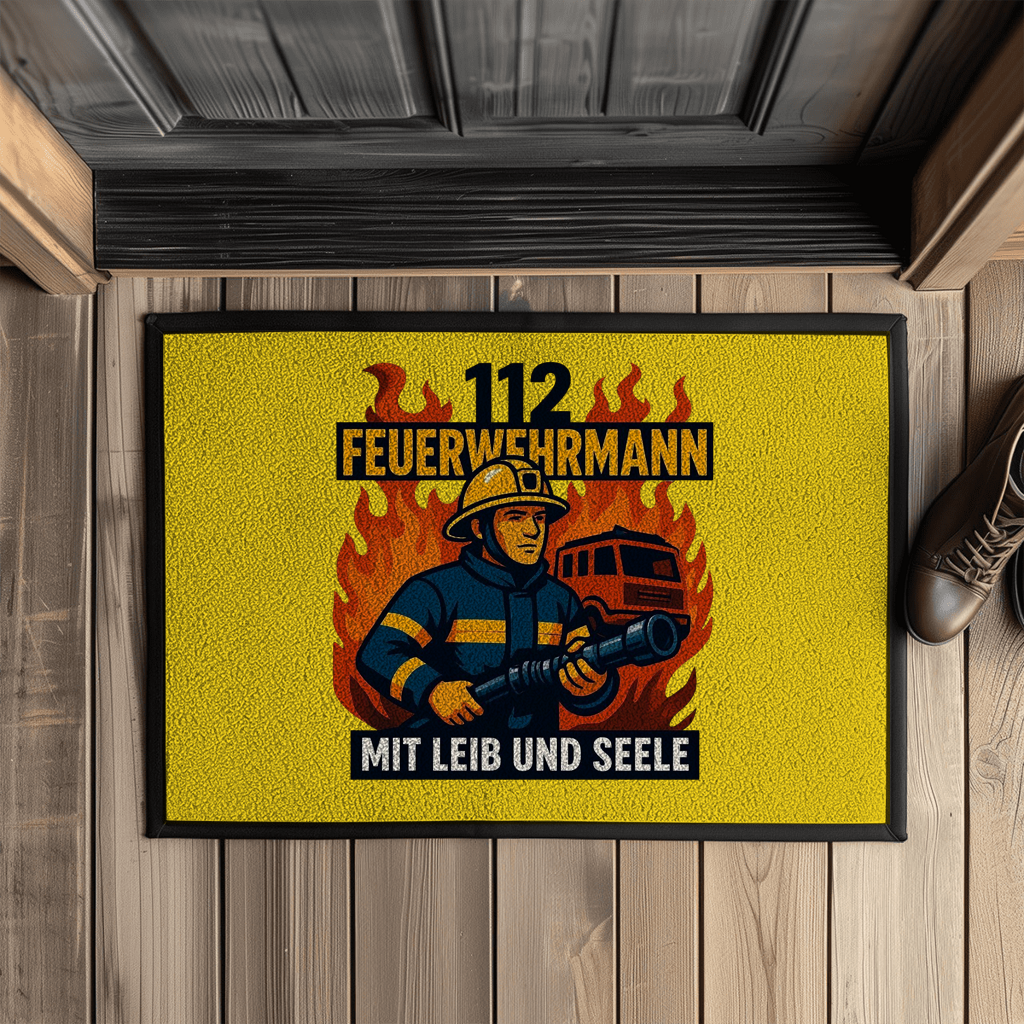 Fußmatte Feuerwehrmann 112 – Mit Leib und Seele | Fußabtreter mit Gummirand