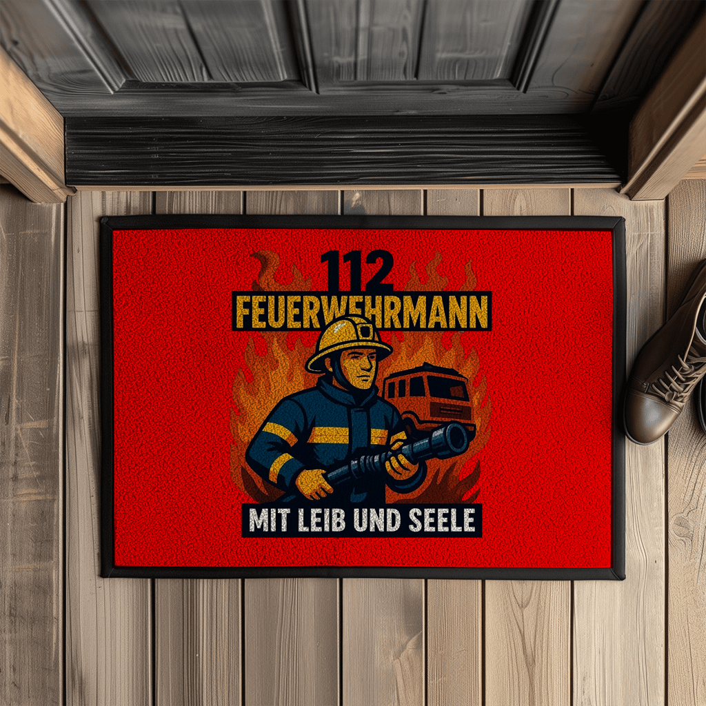 Fußmatte Feuerwehrmann 112 – Mit Leib und Seele | Fußabtreter mit Gummirand