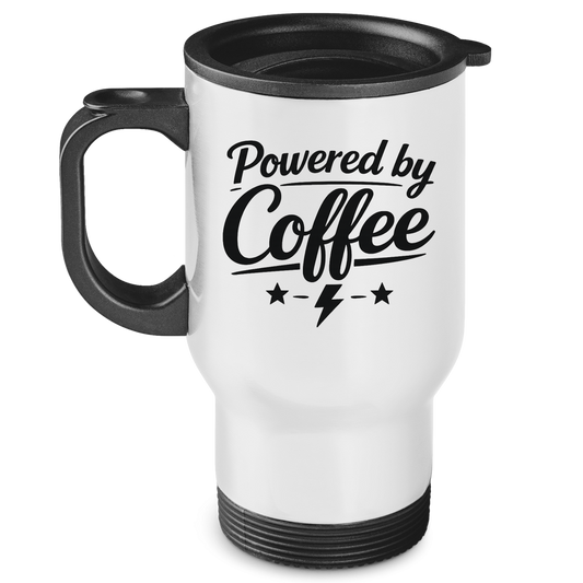 Edelstahl-Thermobecher „Powered by Coffee“ – Bedruckter Isolierbecher, hält Getränke heiß & kalt