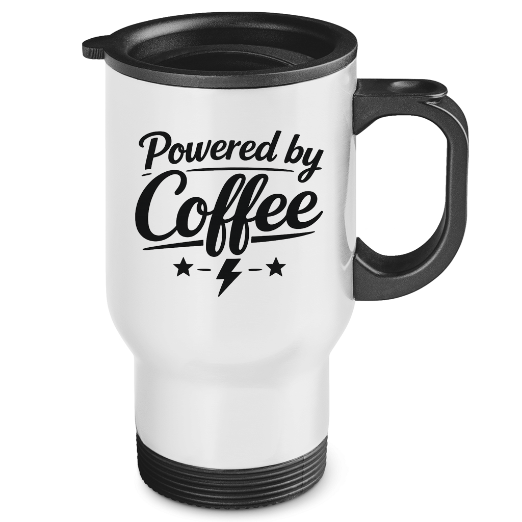 Edelstahl-Thermobecher „Powered by Coffee“ – Bedruckter Isolierbecher, hält Getränke heiß & kalt