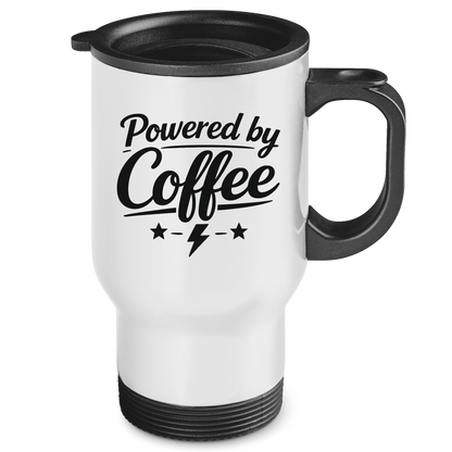 Edelstahl-Thermobecher „Powered by Coffee“ – Bedruckter Isolierbecher, hält Getränke heiß & kalt