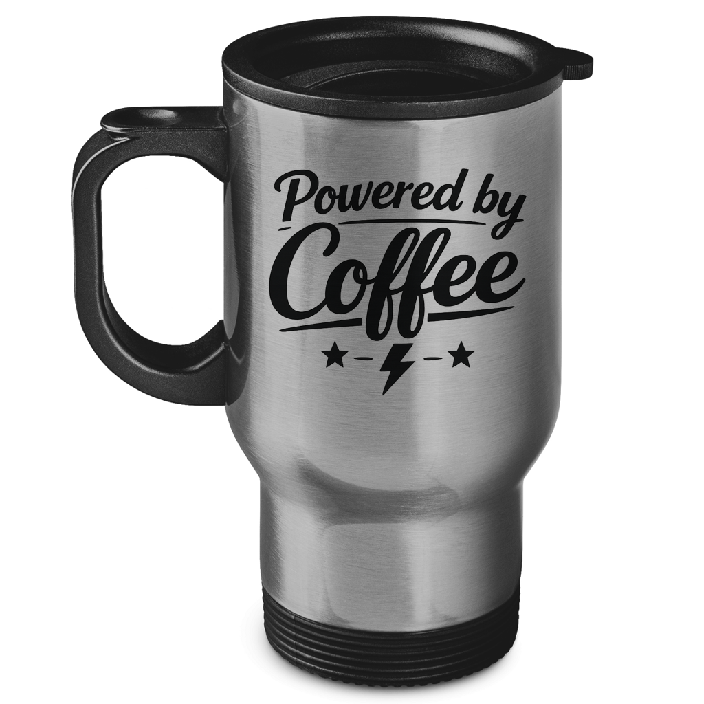 Edelstahl-Thermobecher „Powered by Coffee“ – Bedruckter Isolierbecher, hält Getränke heiß & kalt