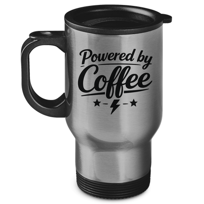 Edelstahl-Thermobecher „Powered by Coffee“ – Bedruckter Isolierbecher, hält Getränke heiß & kalt