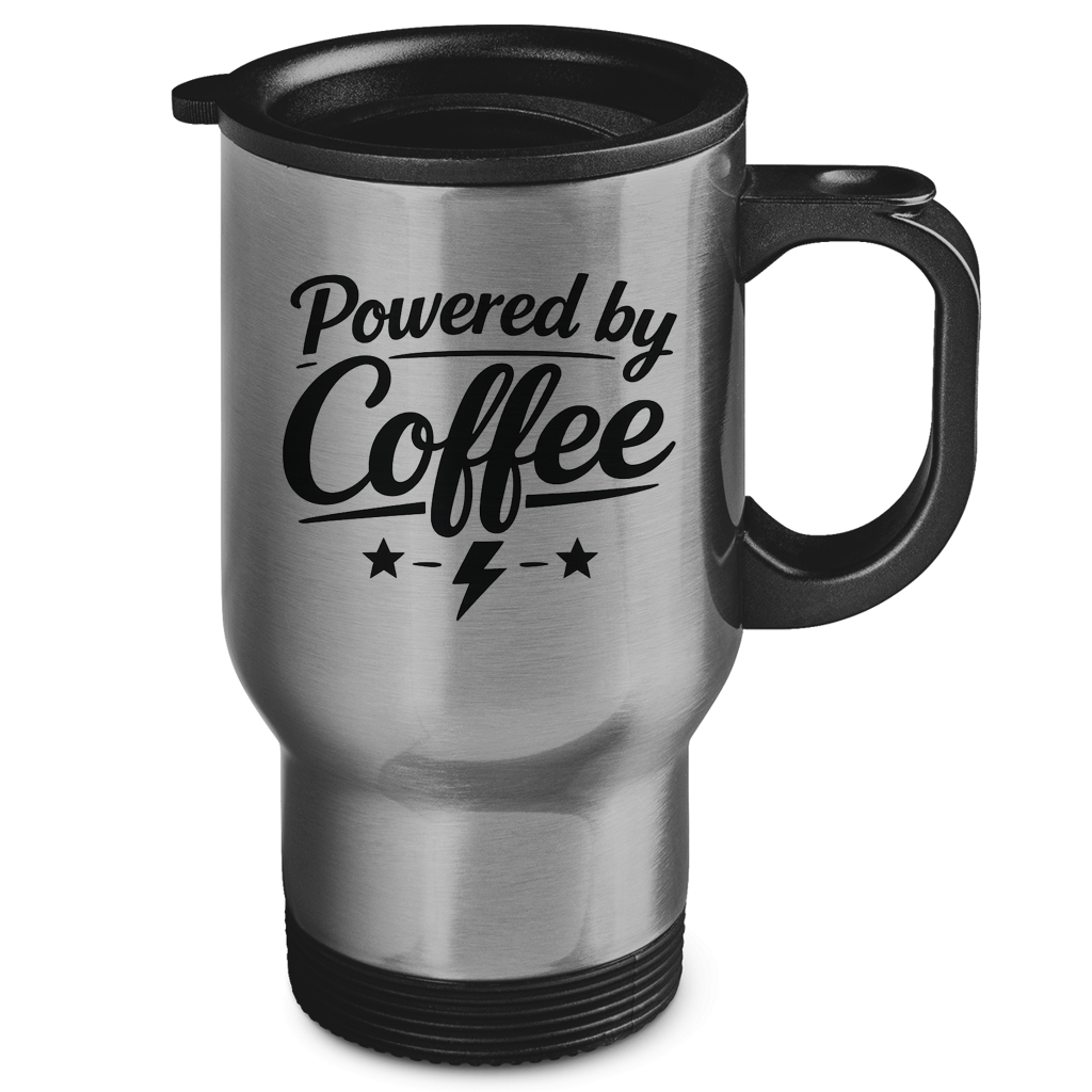 Edelstahl-Thermobecher „Powered by Coffee“ – Bedruckter Isolierbecher, hält Getränke heiß & kalt