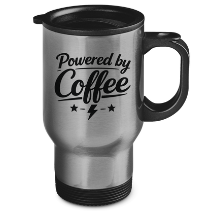 Edelstahl-Thermobecher „Powered by Coffee“ – Bedruckter Isolierbecher, hält Getränke heiß & kalt
