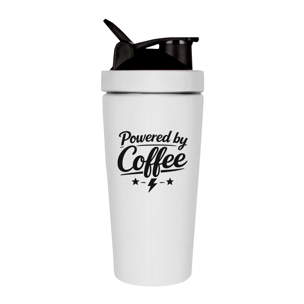 Fitness Shaker „Powered by Coffee“ – Proteinshaker für Fitness, Sport & Training