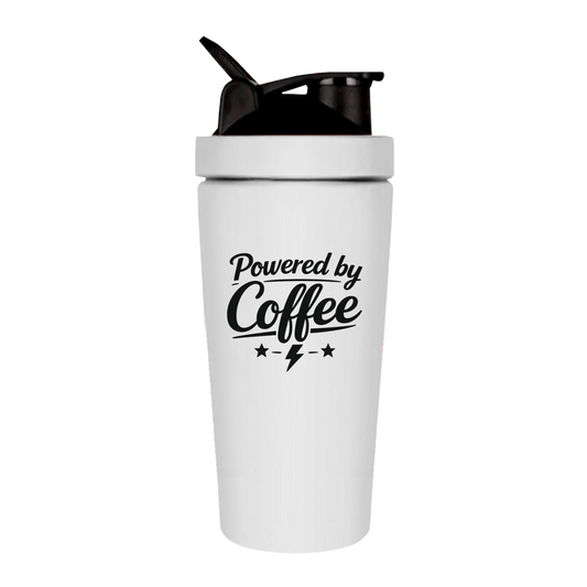 Fitness Shaker „Powered by Coffee“ – Proteinshaker für Fitness, Sport & Training