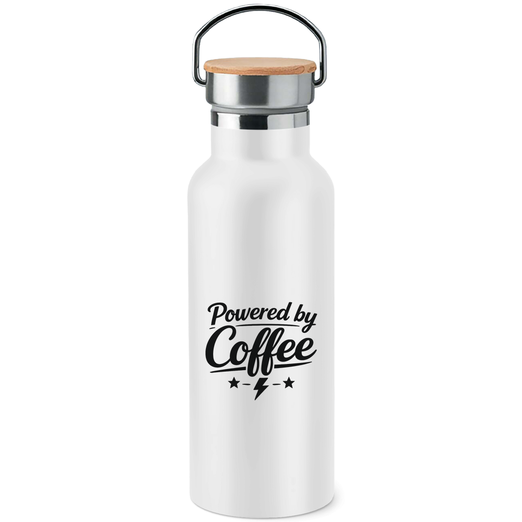 Edelstahl-Trinkflasche mit Bambusdeckel „Powered by Coffee“ – Nachhaltige Trinkflasche aus Edelstahl