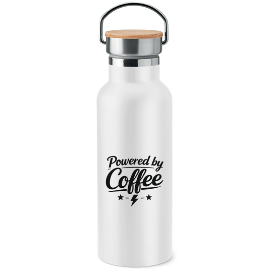 Edelstahl-Trinkflasche mit Bambusdeckel „Powered by Coffee“ – Nachhaltige Trinkflasche aus Edelstahl