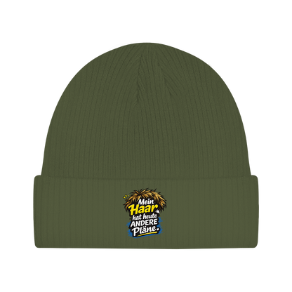 Lustige Beanie Mütze „Mein Haar hat heute andere Pläne“ – Lustige Unisex Mütze aus Bio-Baumwolle