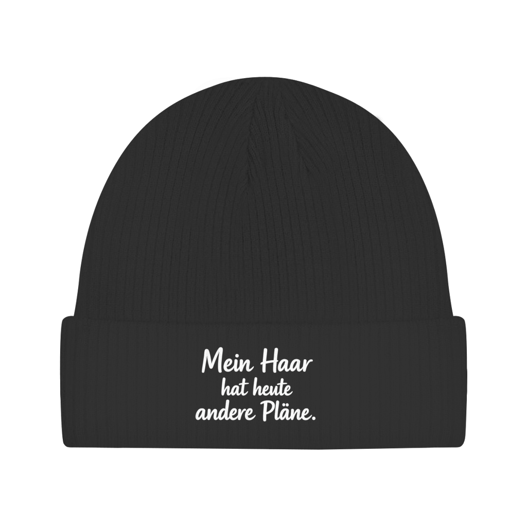Beanie mit Spruch „Mein Haar hat heute andere Pläne.“ | Lustige Mütze | Weißer Text