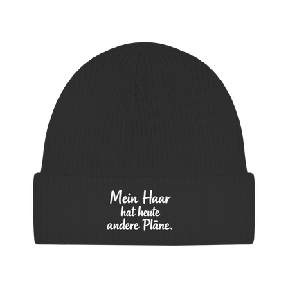 Beanie mit Spruch „Mein Haar hat heute andere Pläne.“ | Lustige Mütze | Weißer Text
