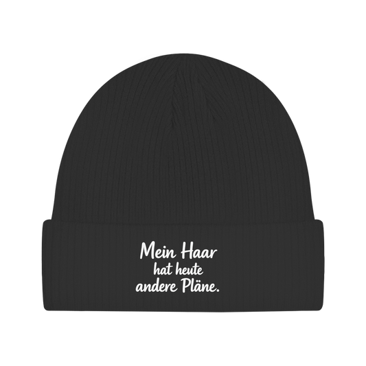 Beanie mit Spruch „Mein Haar hat heute andere Pläne.“ | Lustige Mütze | Weißer Text
