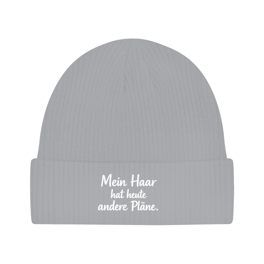 Beanie mit Spruch „Mein Haar hat heute andere Pläne.“ | Lustige Mütze | Weißer Text
