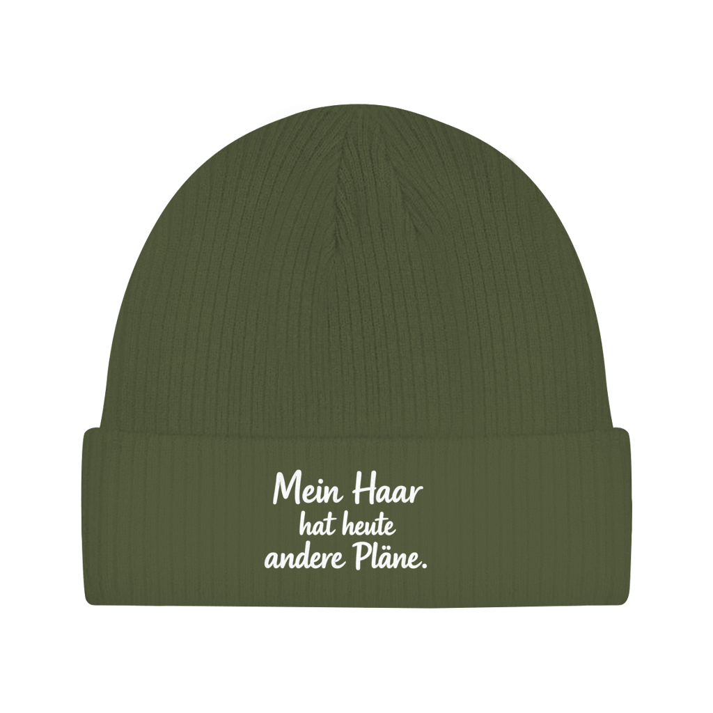 Beanie mit Spruch „Mein Haar hat heute andere Pläne.“ | Lustige Mütze | Weißer Text