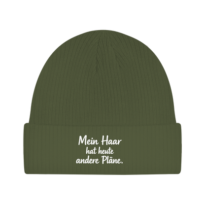 Beanie mit Spruch „Mein Haar hat heute andere Pläne.“ | Lustige Mütze | Weißer Text