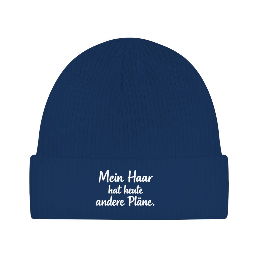 Beanie mit Spruch „Mein Haar hat heute andere Pläne.“ | Lustige Mütze | Weißer Text