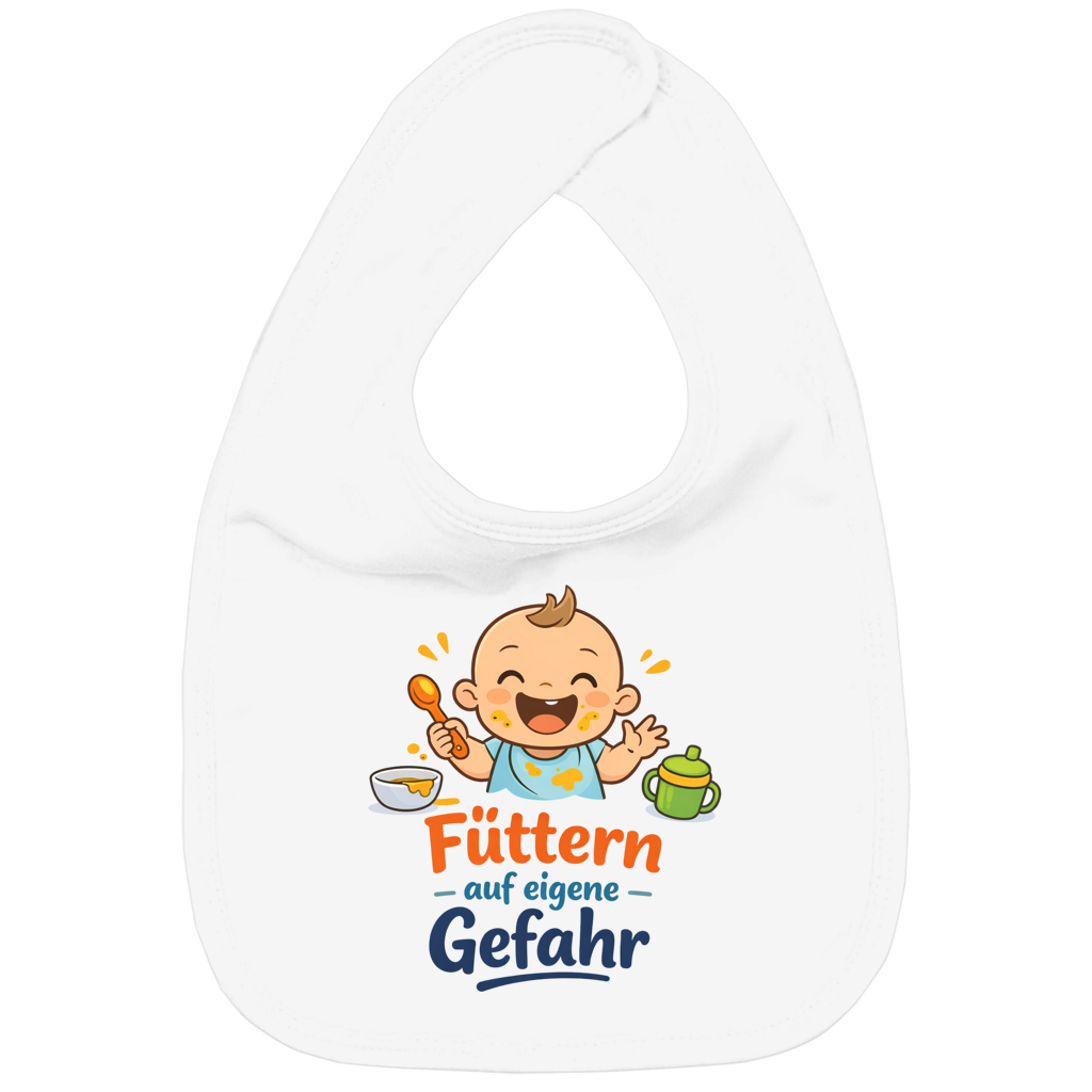 Kinder Bio Lätzchen mit Spruch „Füttern auf eigene Gefahr“ – Baby & Kleinkind | dunkle Schrift
