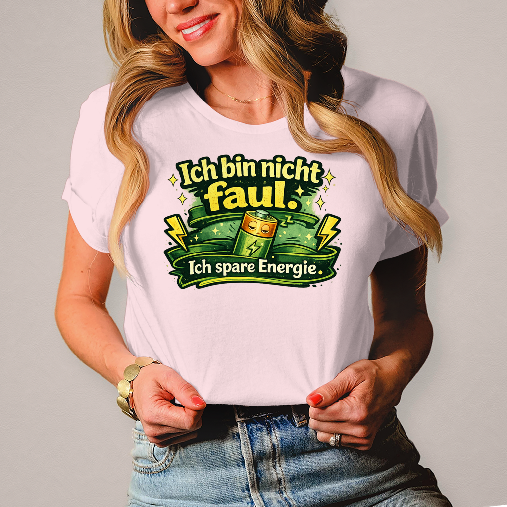 Damen T-Shirt „Ich bin nicht faul. Ich spare Energie.“ – Lustiges Sprüche Shirt mit Humor