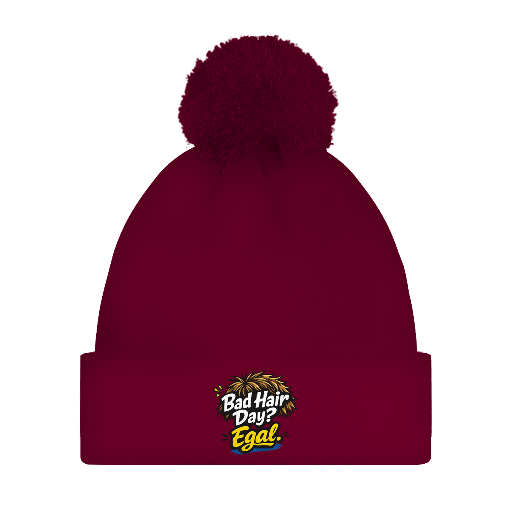Bommelmütze „Bad Hair Day? Egal.“ – Unisex Wintermütze mit Statement