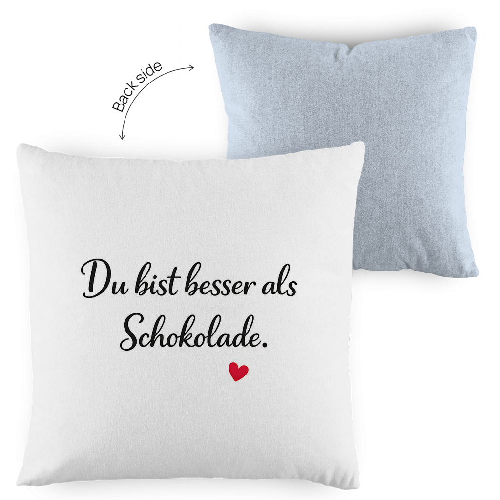 Zweifarbiges Kopfkissen „Du bist besser als Schokolade“ – liebevoll & modern