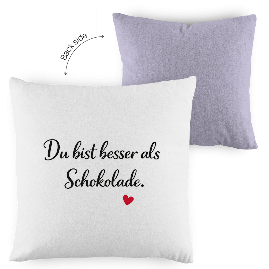 Zweifarbiges Kopfkissen „Du bist besser als Schokolade“ – liebevoll & modern