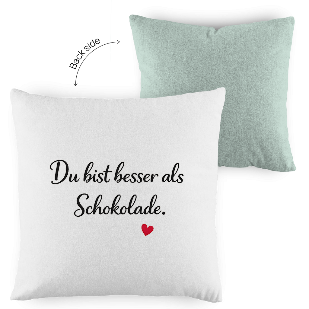 Zweifarbiges Kopfkissen „Du bist besser als Schokolade“ – liebevoll & modern