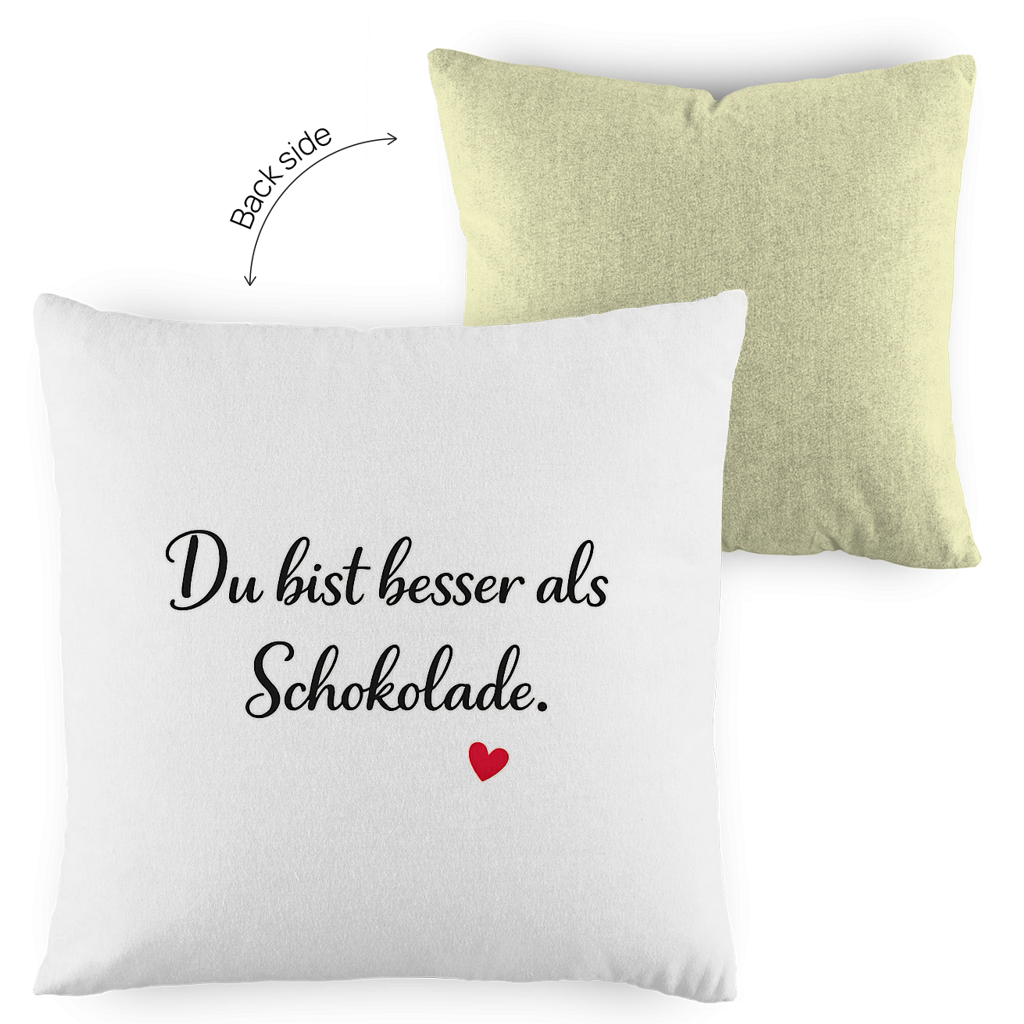 Zweifarbiges Kopfkissen „Du bist besser als Schokolade“ – liebevoll & modern