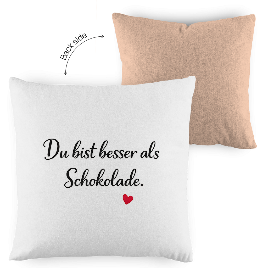 Zweifarbiges Kopfkissen „Du bist besser als Schokolade“ – liebevoll & modern