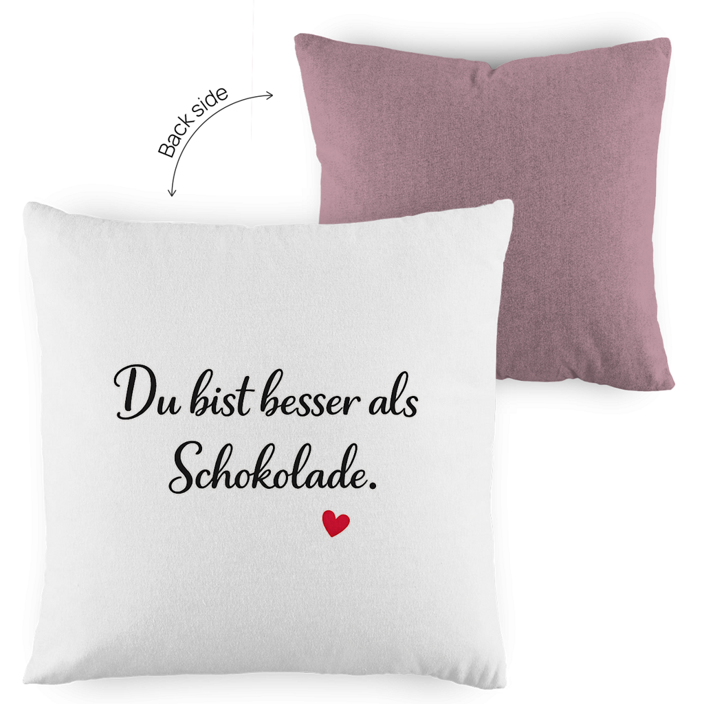 Zweifarbiges Kopfkissen „Du bist besser als Schokolade“ – liebevoll & modern