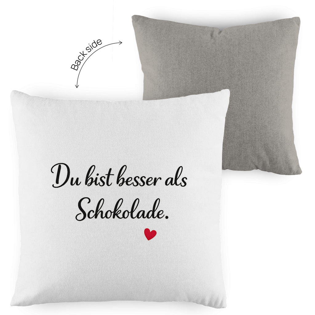 Zweifarbiges Kopfkissen „Du bist besser als Schokolade“ – liebevoll & modern
