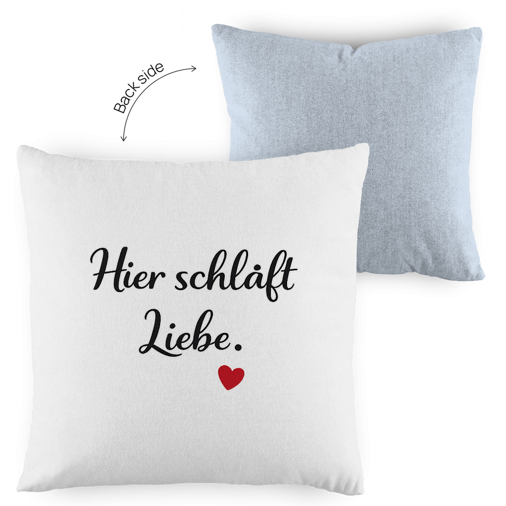 Zweifarbiges Kopfkissen „Hier schläft Liebe“ – romantisch & modern