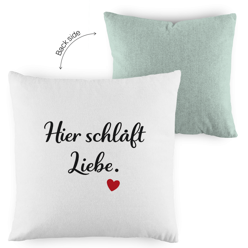 Zweifarbiges Kopfkissen „Hier schläft Liebe“ – romantisch & modern