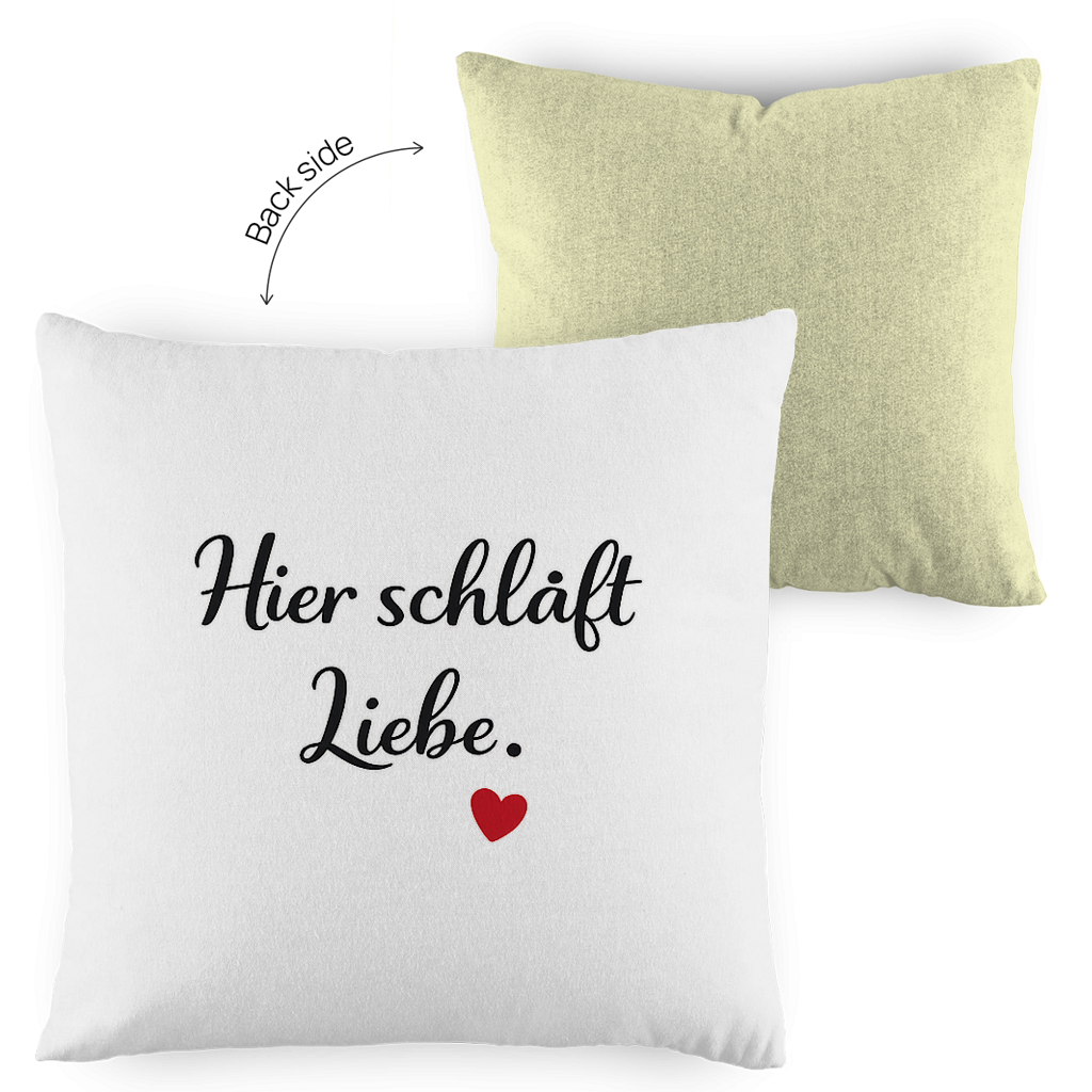 Zweifarbiges Kopfkissen „Hier schläft Liebe“ – romantisch & modern