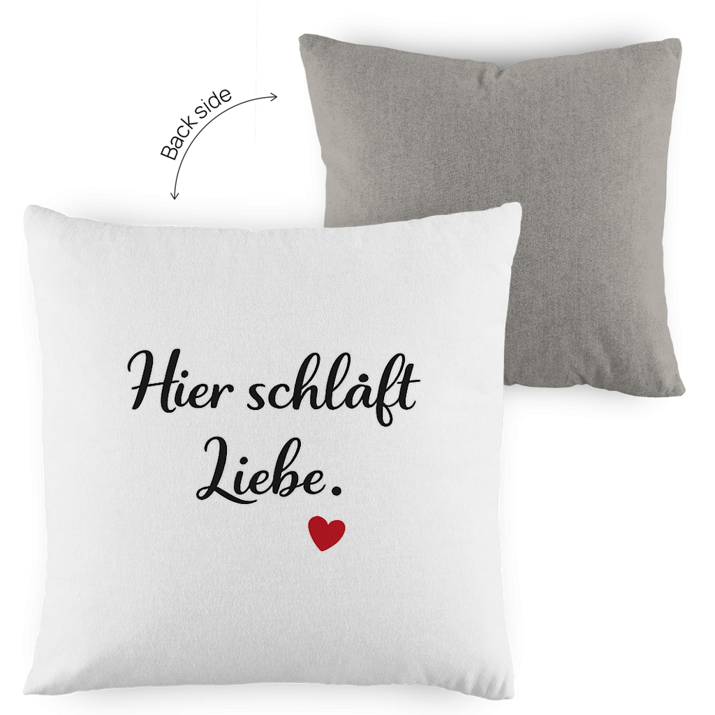 Zweifarbiges Kopfkissen „Hier schläft Liebe“ – romantisch & modern