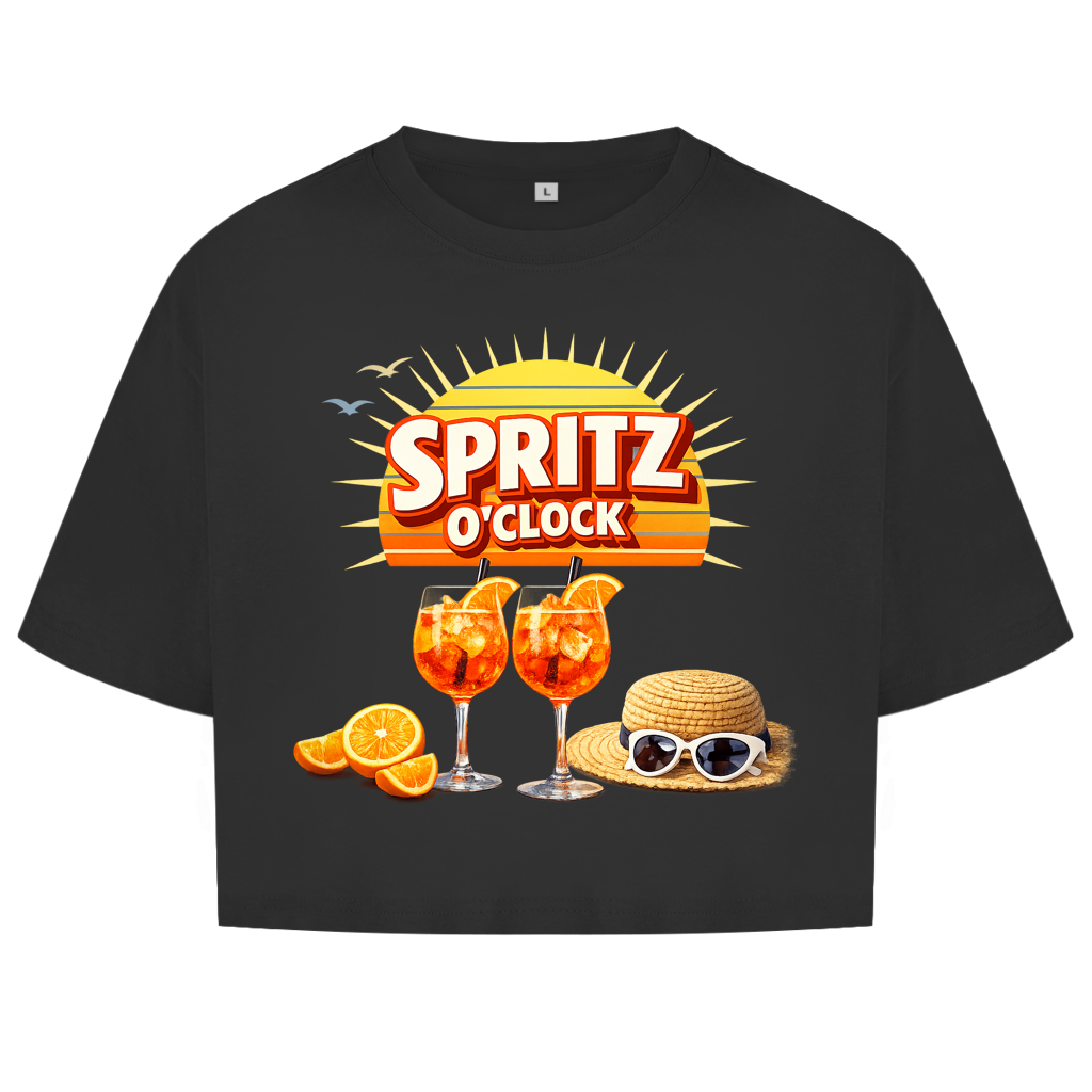 Damen Oversize Crop Top „Spritz O’Clock“ – Lustiger Sommer-Spruch & Aperitif-Statement Top