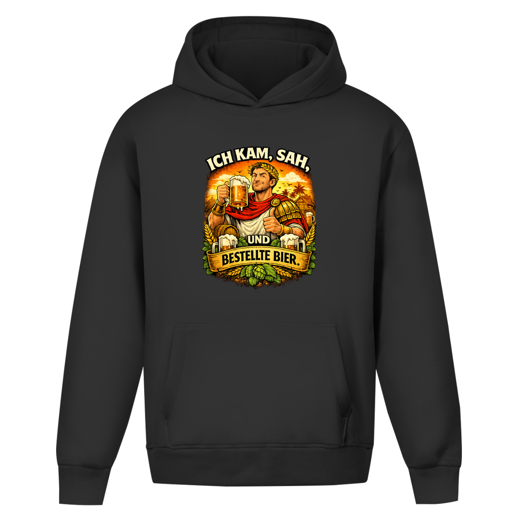Oversize Hoodie ohne Kordel „Ich kam, sah und bestellte Bier“ – Lustiger Bierspruch & Statement Hoodie