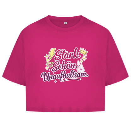 Damen Oversize Crop Top „Stark. Schön. Unaufhaltsam.“ – Empowerment Statement Top für Frauen