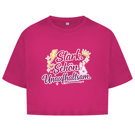 Damen Oversize Crop Top „Stark. Schön. Unaufhaltsam.“ – Empowerment Statement Top für Frauen